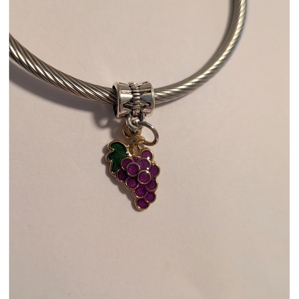 Purple Enamel Grape Cluster Charm Fruit Pendant for European Bracelets Gold Tone